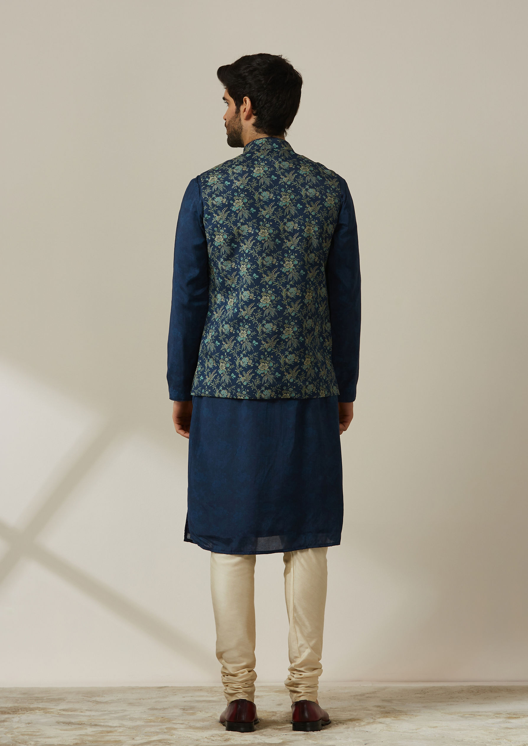 Twamev Men Deep Blue Floral Kurta Jacket Set