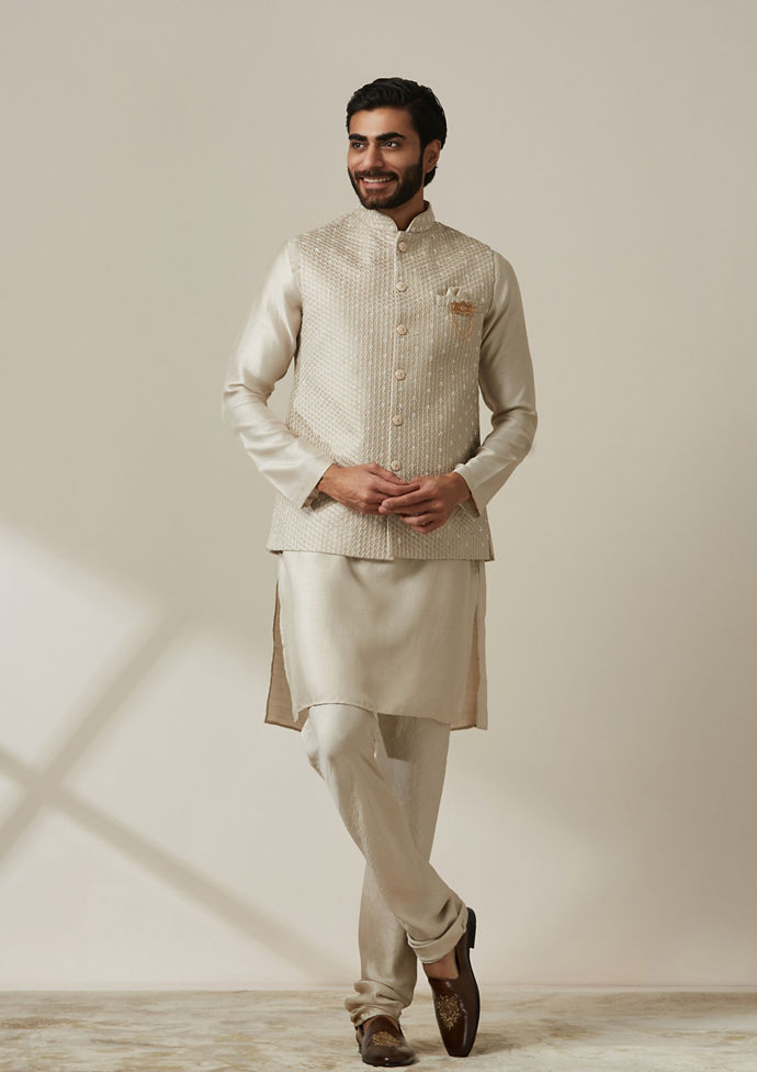 Twamev Men Satin Grey Kurta Jacket Set