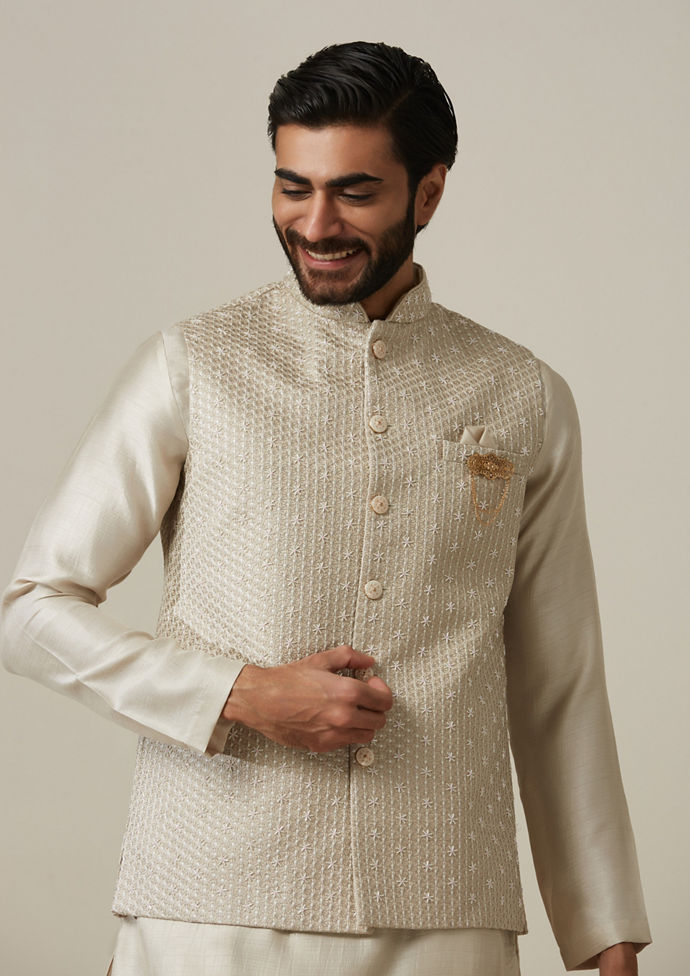 Twamev Men Satin Grey Kurta Jacket Set