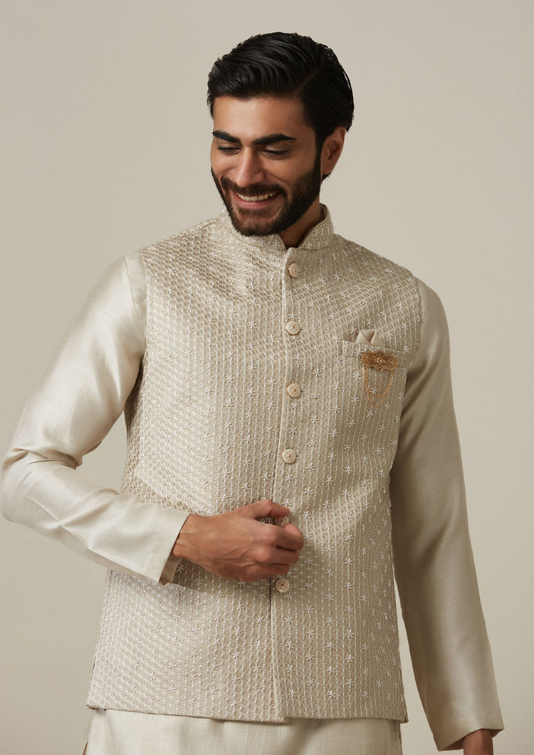 Twamev Men Satin Grey Kurta Jacket Set