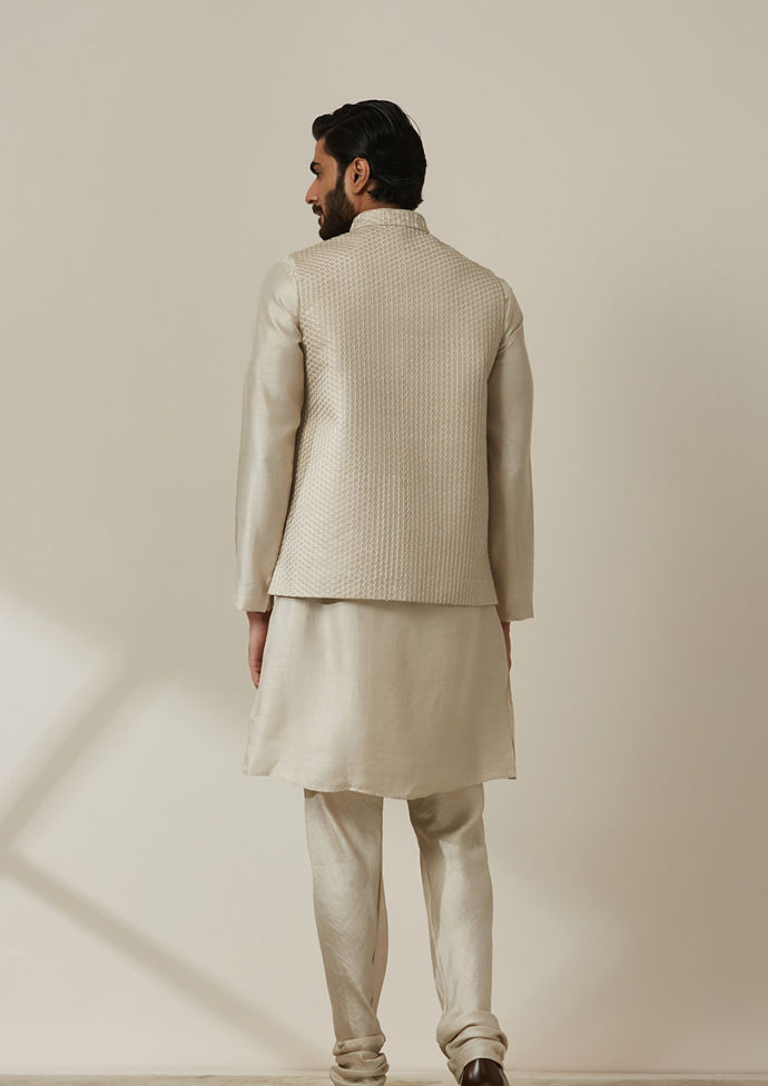 Twamev Men Satin Grey Kurta Jacket Set