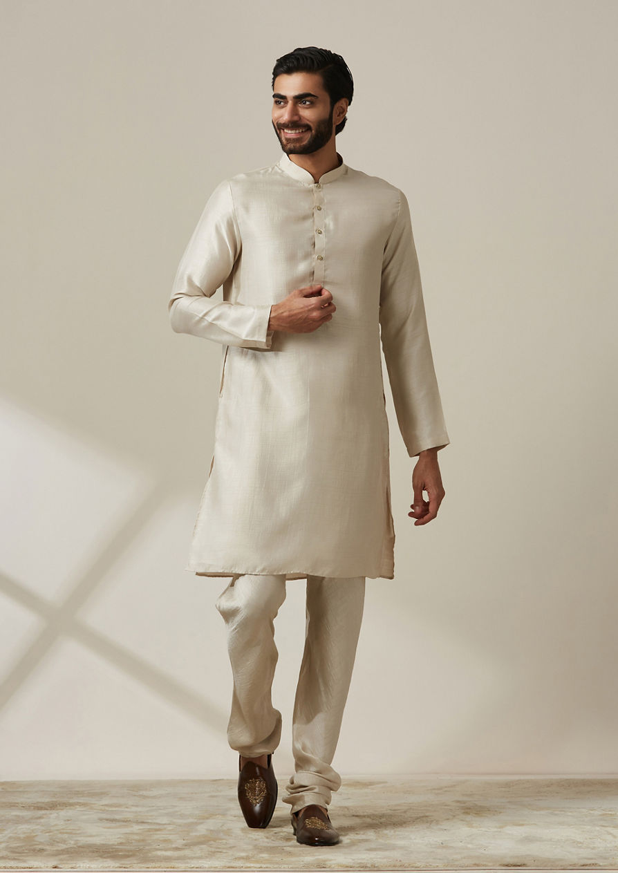 alt message - Twamev Men Satin Grey Kurta Jacket Set image number 1