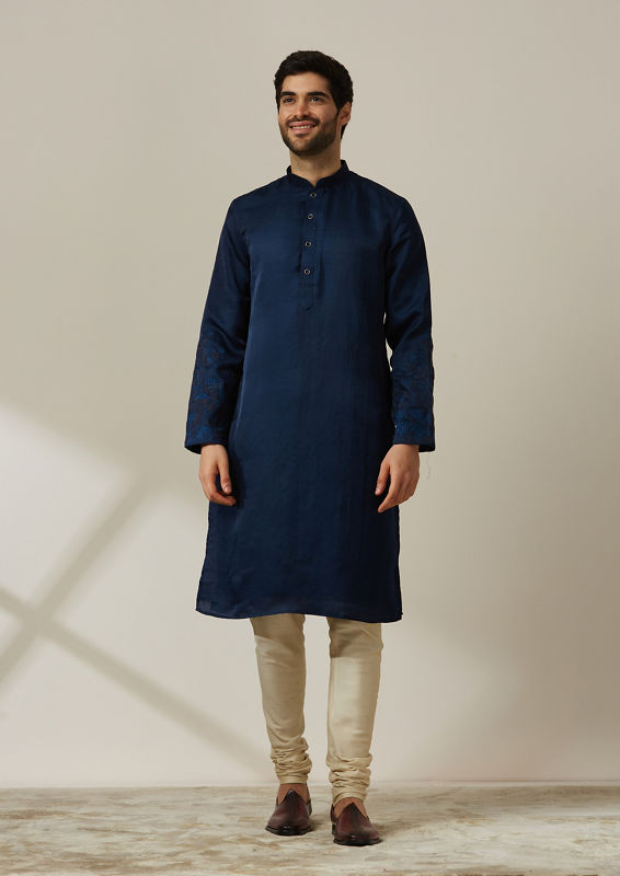 Twamev Men Midnight Sapphire Blue Angrakha Style Kurta Jacket Set