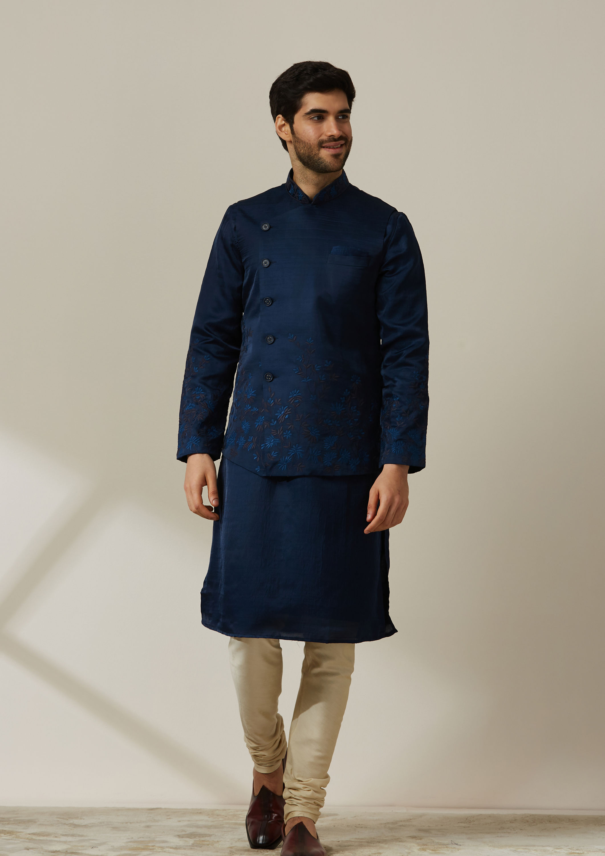 Twamev Men Midnight Sapphire Blue Angrakha Style Kurta Jacket Set image number 2