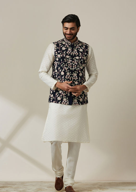 Twamev Men Blue Floral Kurta Jacket Set image number 2