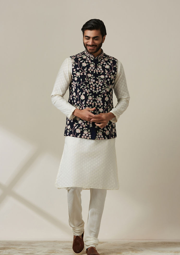 Twamev Men Blue Floral Kurta Jacket Set