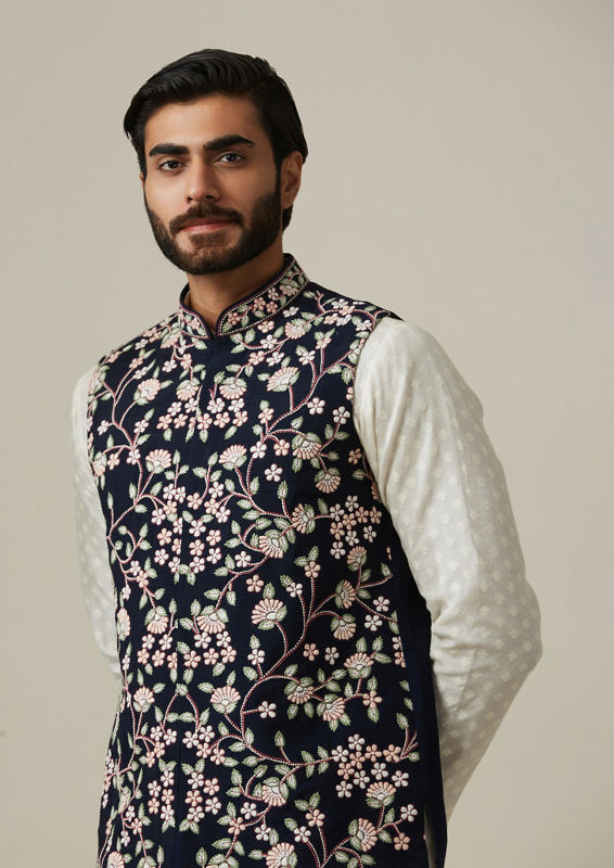 Twamev Men Blue Floral Kurta Jacket Set