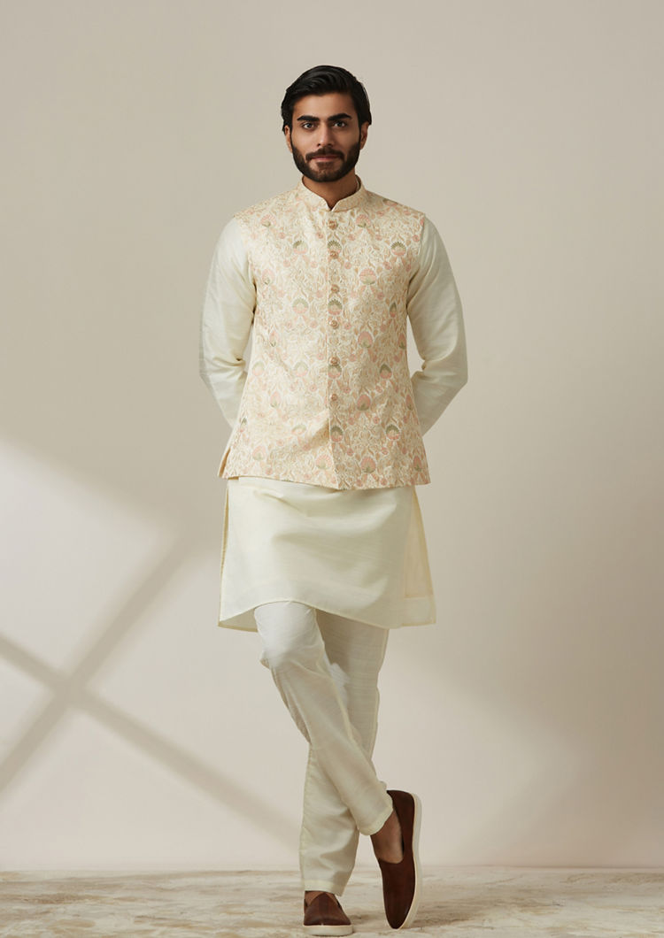 Twamev Men Sesame White Floral Kurta Jacket Set