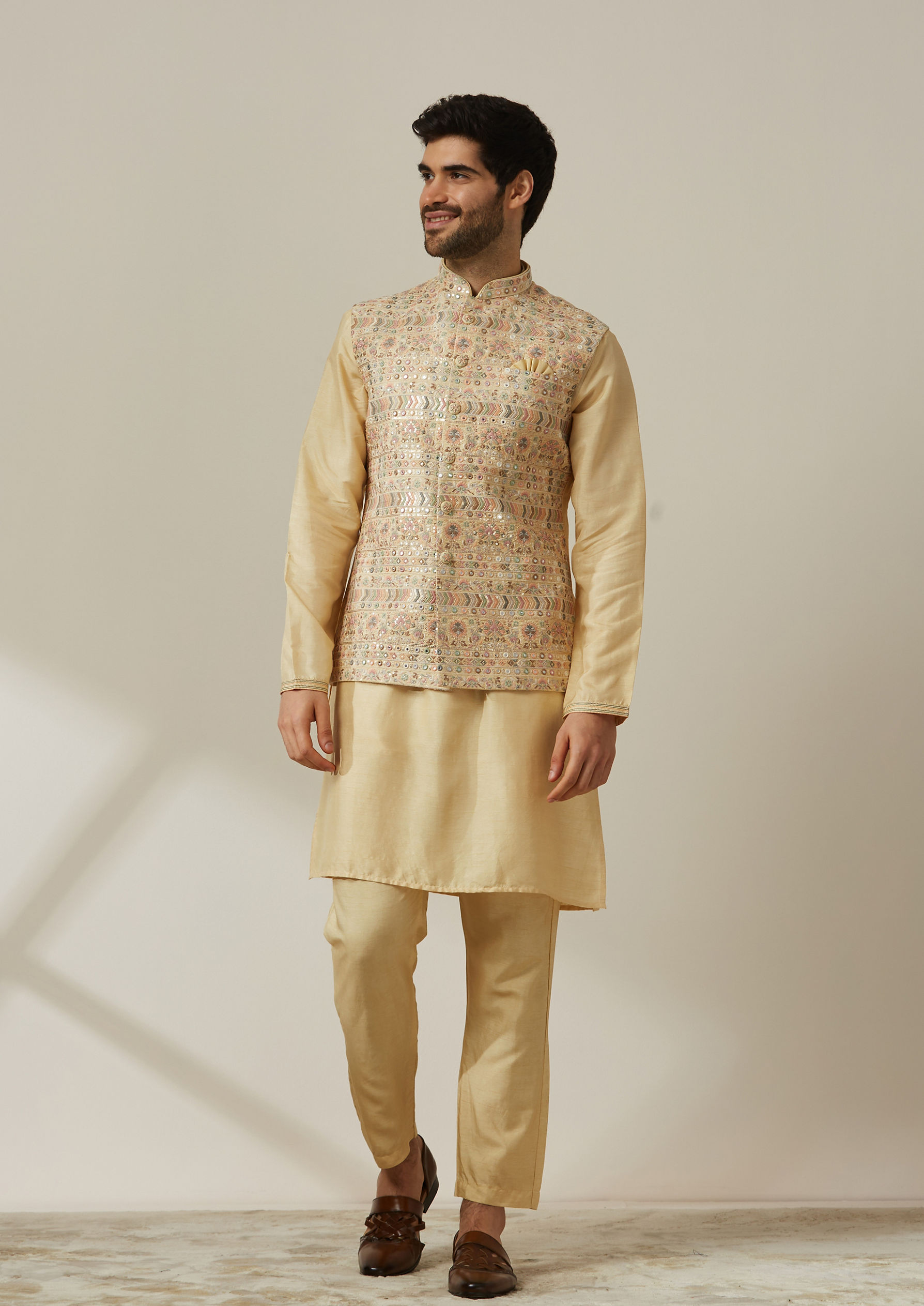 Twamev Men Multicoloured Jacket with Biscuit Kurta Set