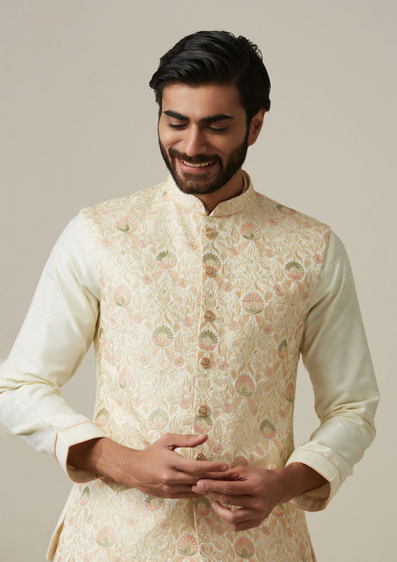 Twamev Men Sesame White Floral Kurta Jacket Set