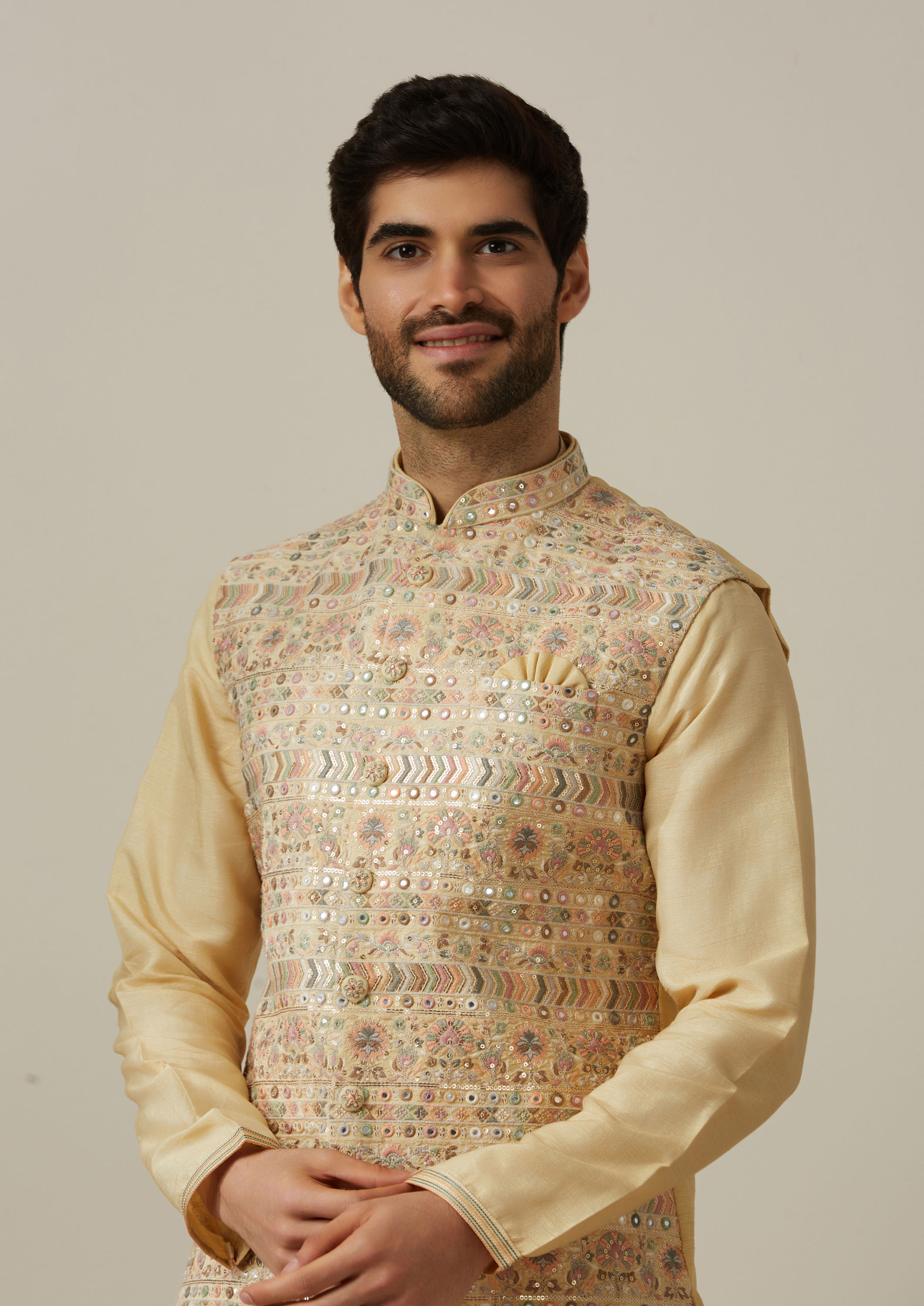 Twamev Men Multicoloured Jacket with Biscuit Kurta Set