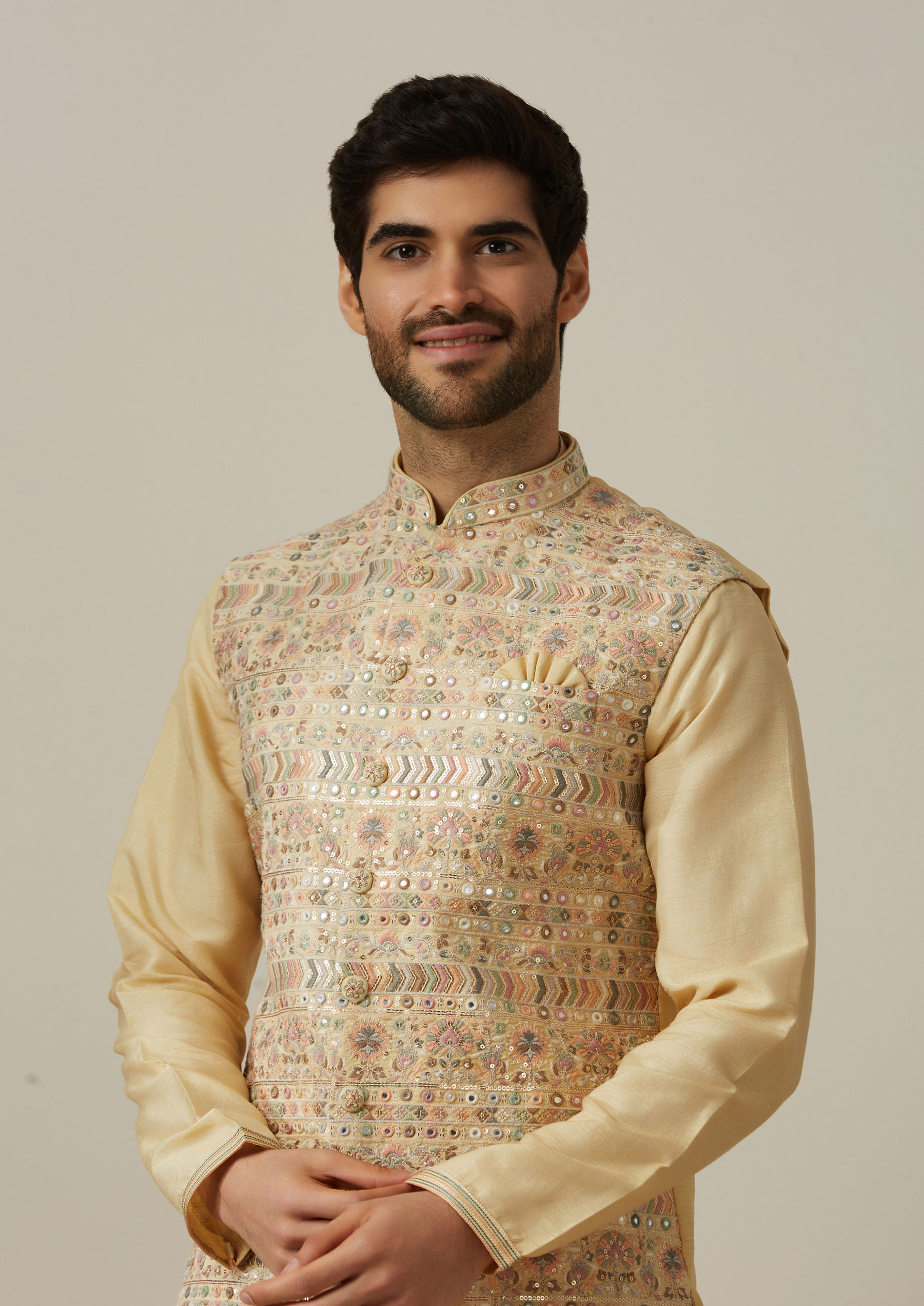 Twamev Men Multicoloured Jacket with Biscuit Kurta Set