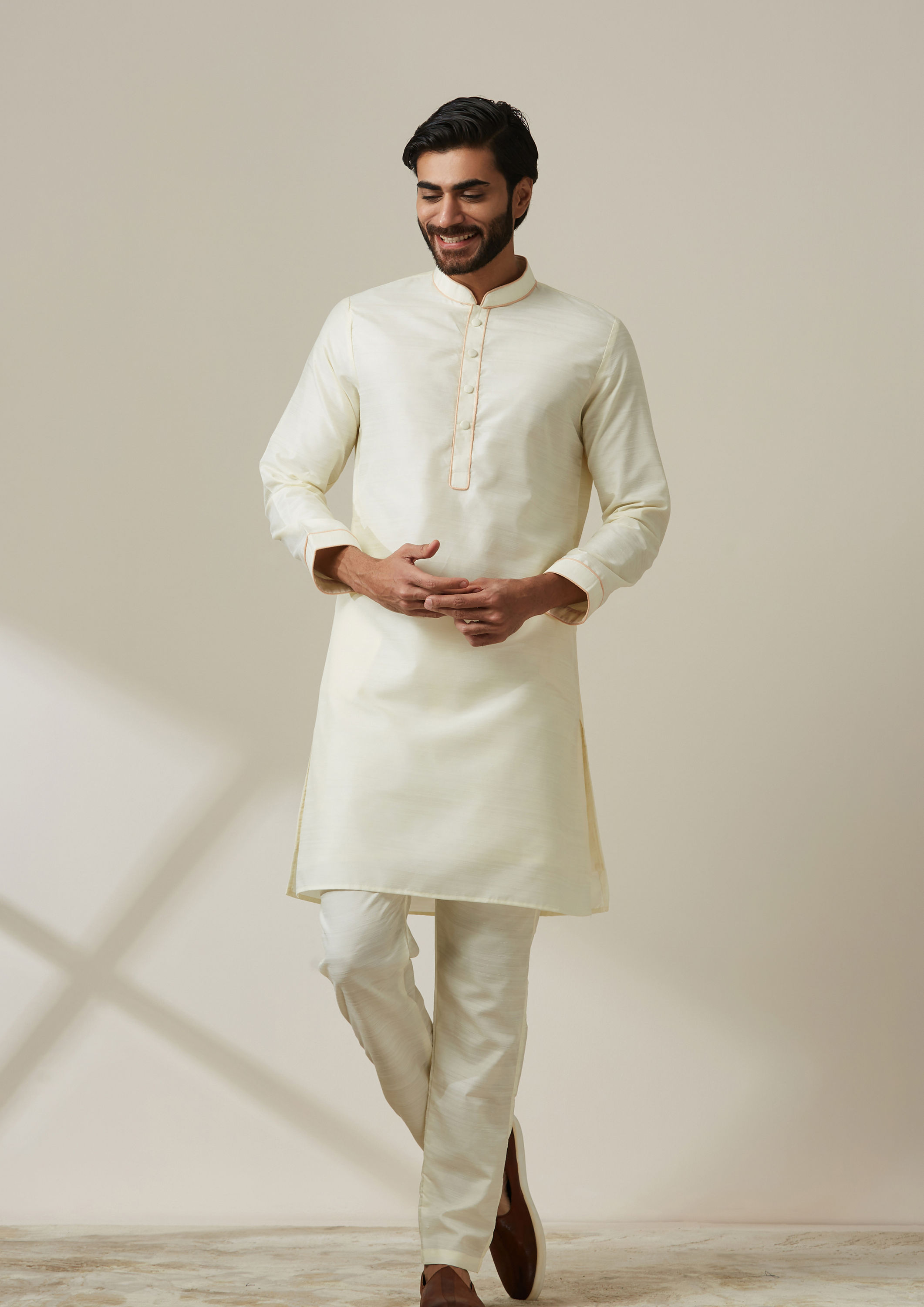 Twamev Men Sesame White Floral Kurta Jacket Set