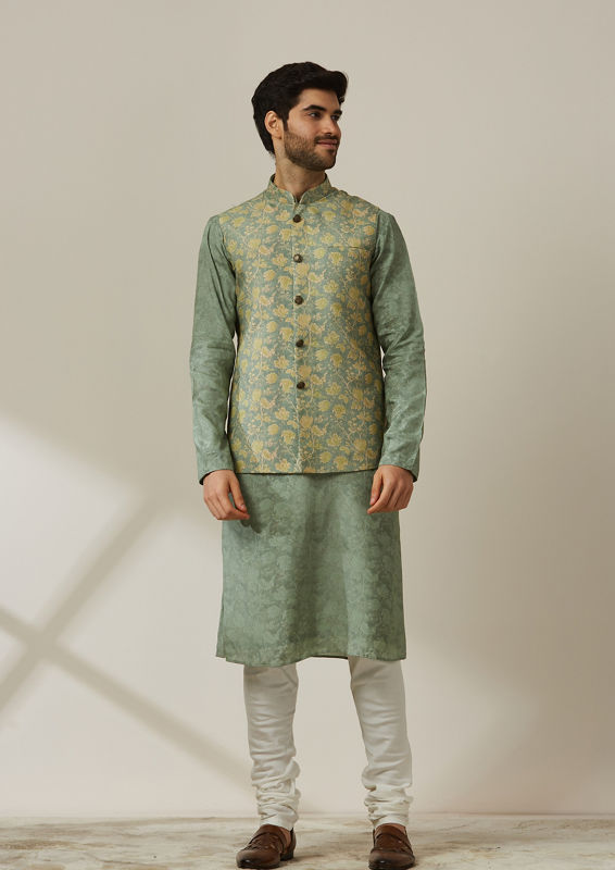 Twamev Men Mint Green Floral Kurta Jacket Set