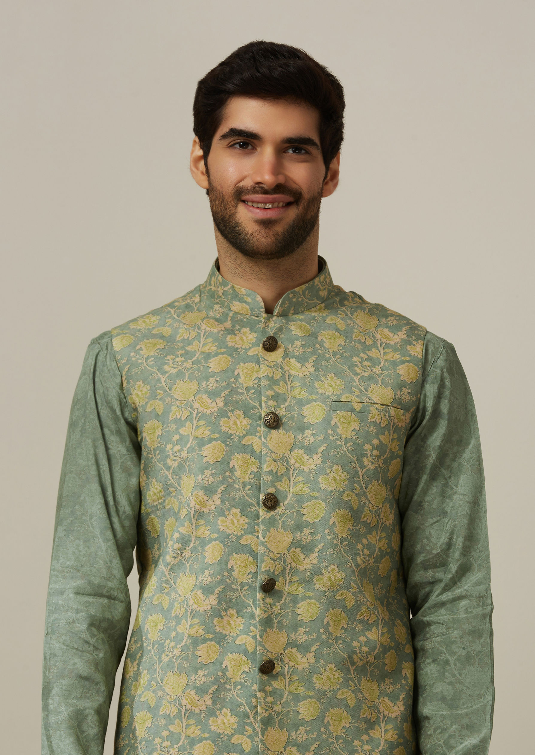 Twamev Men Mint Green Floral Kurta Jacket Set