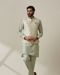 Twamev Men Pista Floral Kurta Jacket Set
