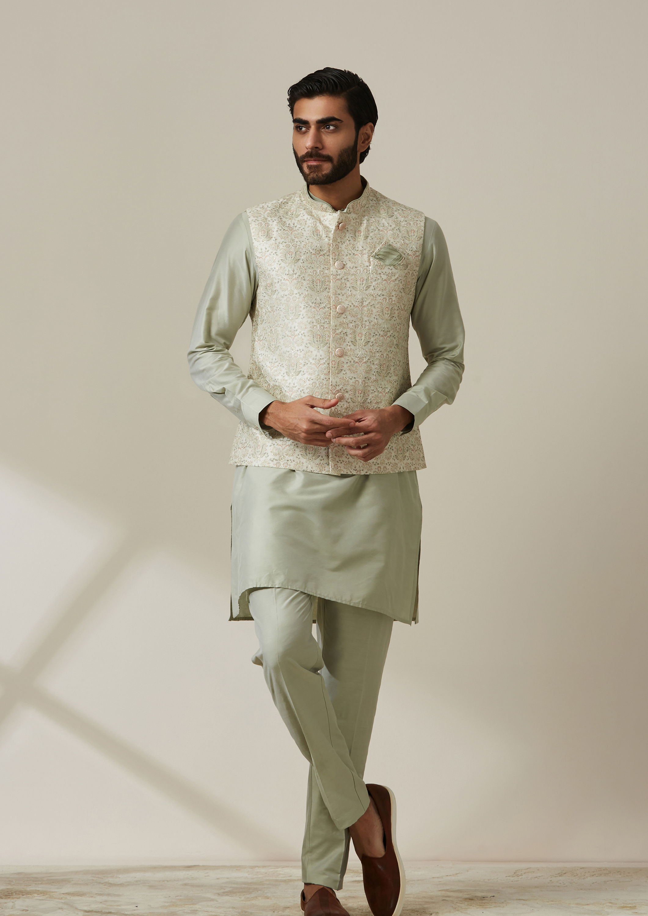 Twamev Men Pista Floral Kurta Jacket Set