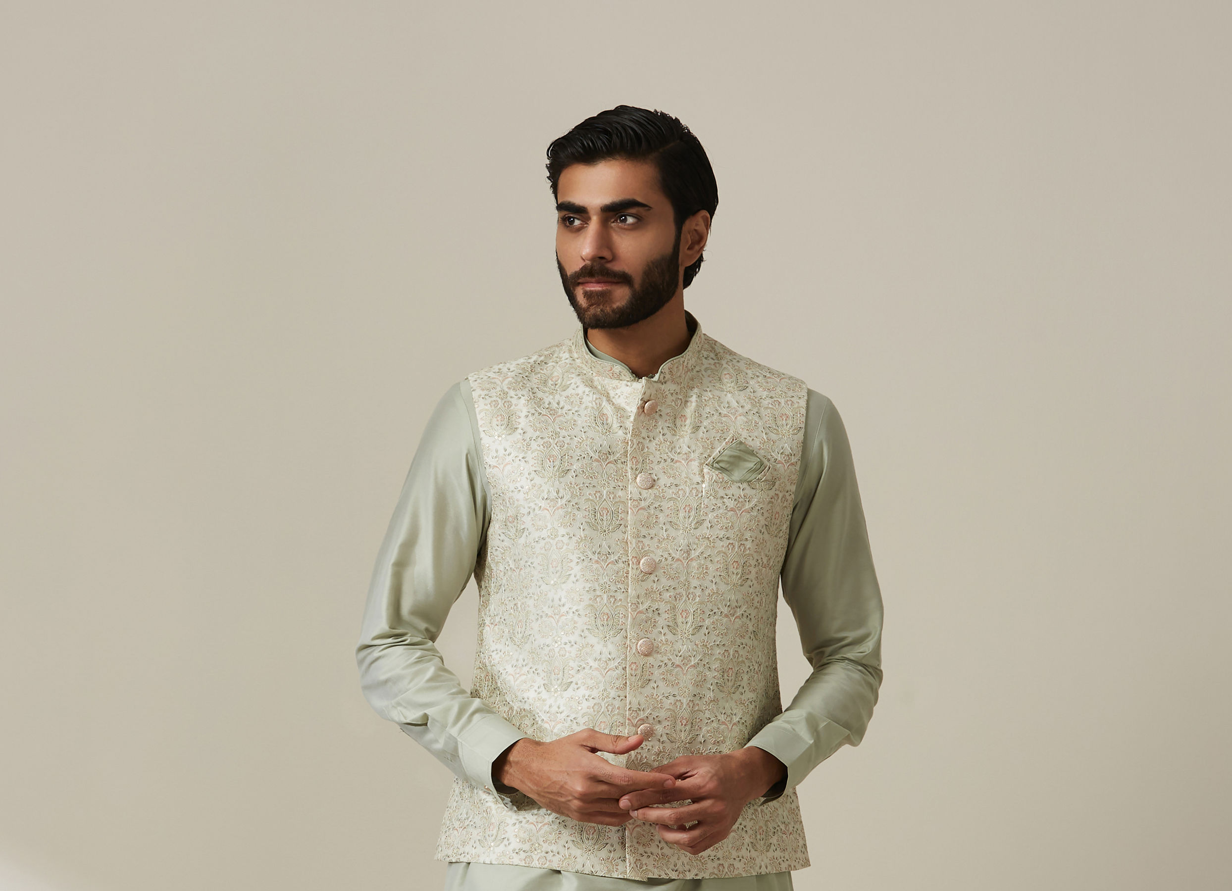 Twamev Men Pista Floral Kurta Jacket Set