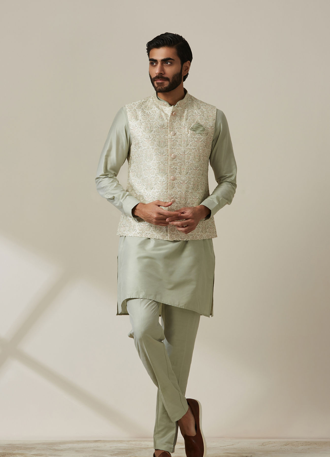 Twamev Men Pista Floral Kurta Jacket Set