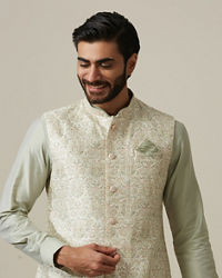 Twamev Men Pista Floral Kurta Jacket Set