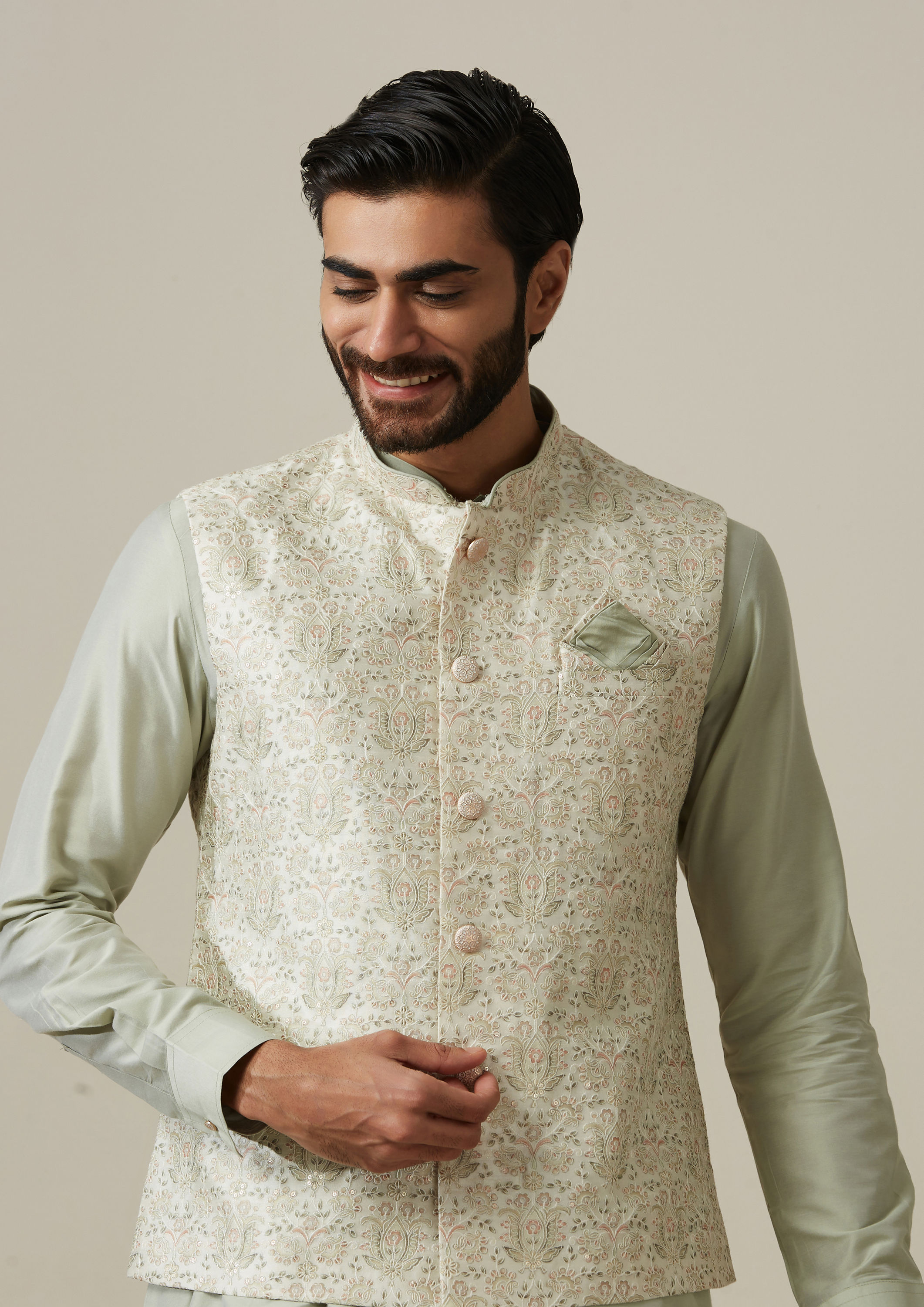 Twamev Men Pista Floral Kurta Jacket Set