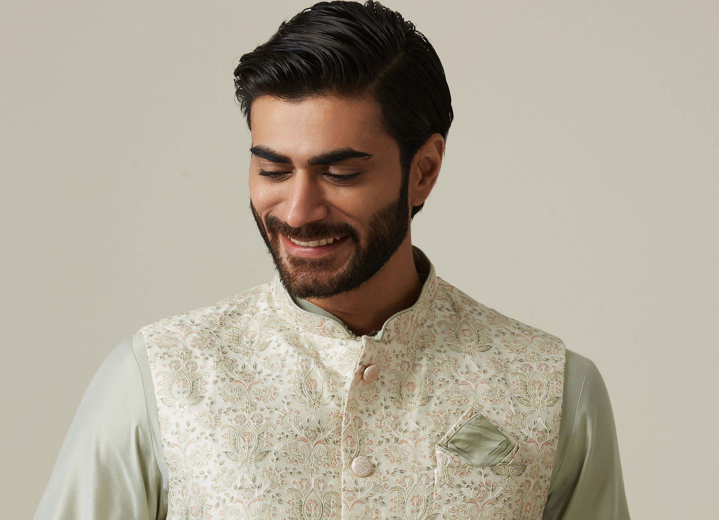 Twamev Men Pista Floral Kurta Jacket Set