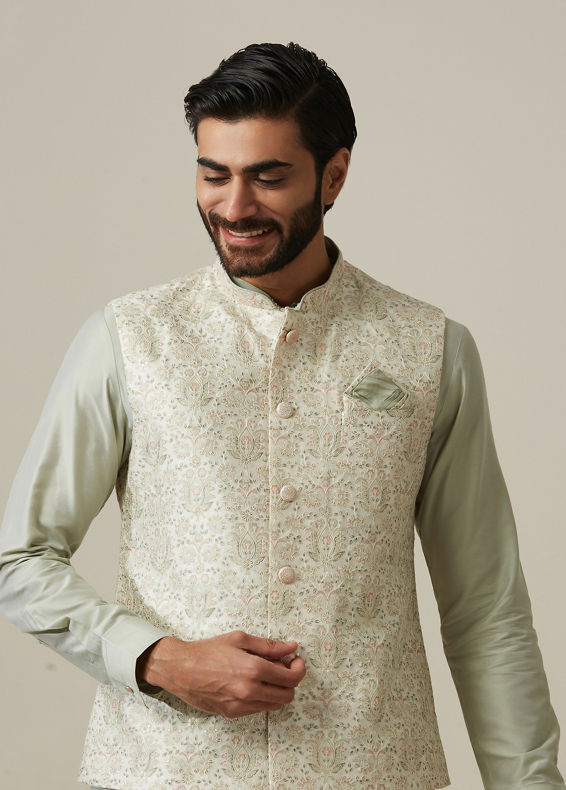 Twamev Men Pista Floral Kurta Jacket Set