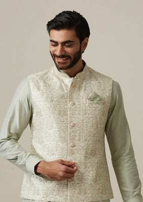 alt message - Twamev Men Pista Floral Kurta Jacket Set image number 0