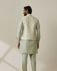 Twamev Men Pista Floral Kurta Jacket Set