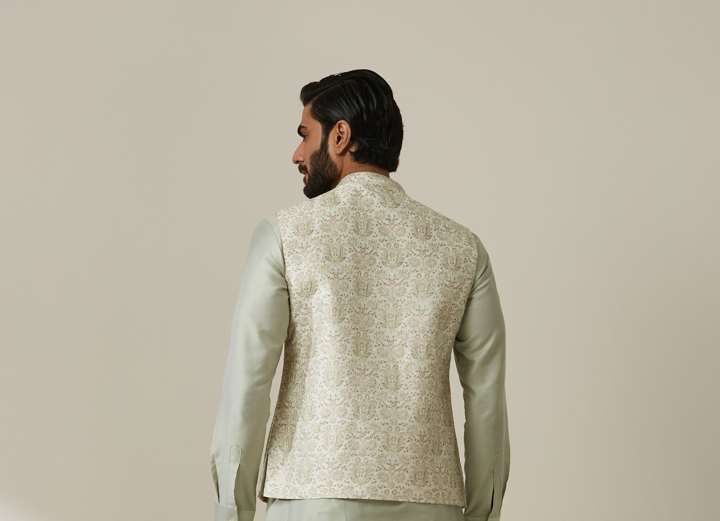 Twamev Men Pista Floral Kurta Jacket Set