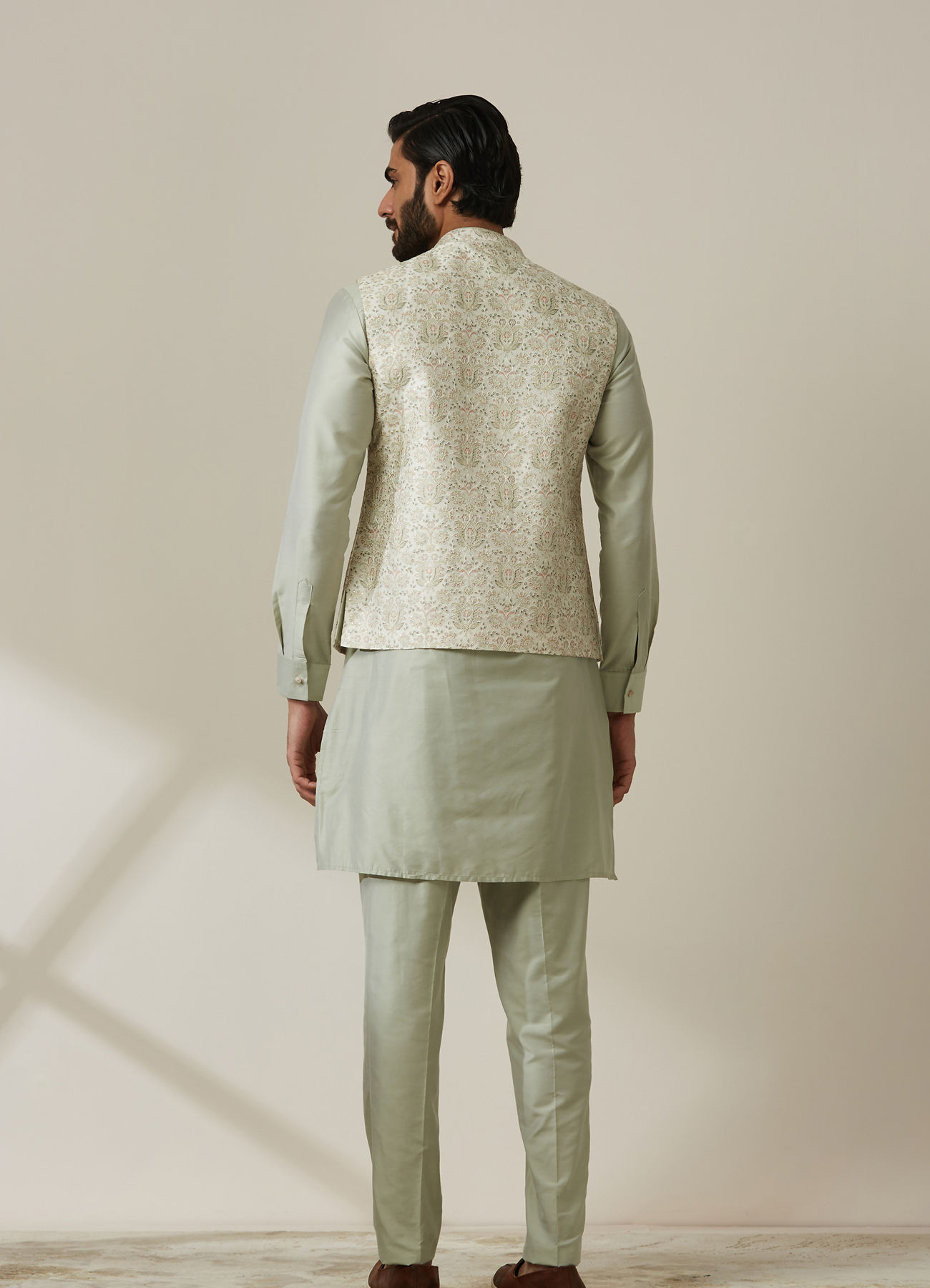 Twamev Men Pista Floral Kurta Jacket Set