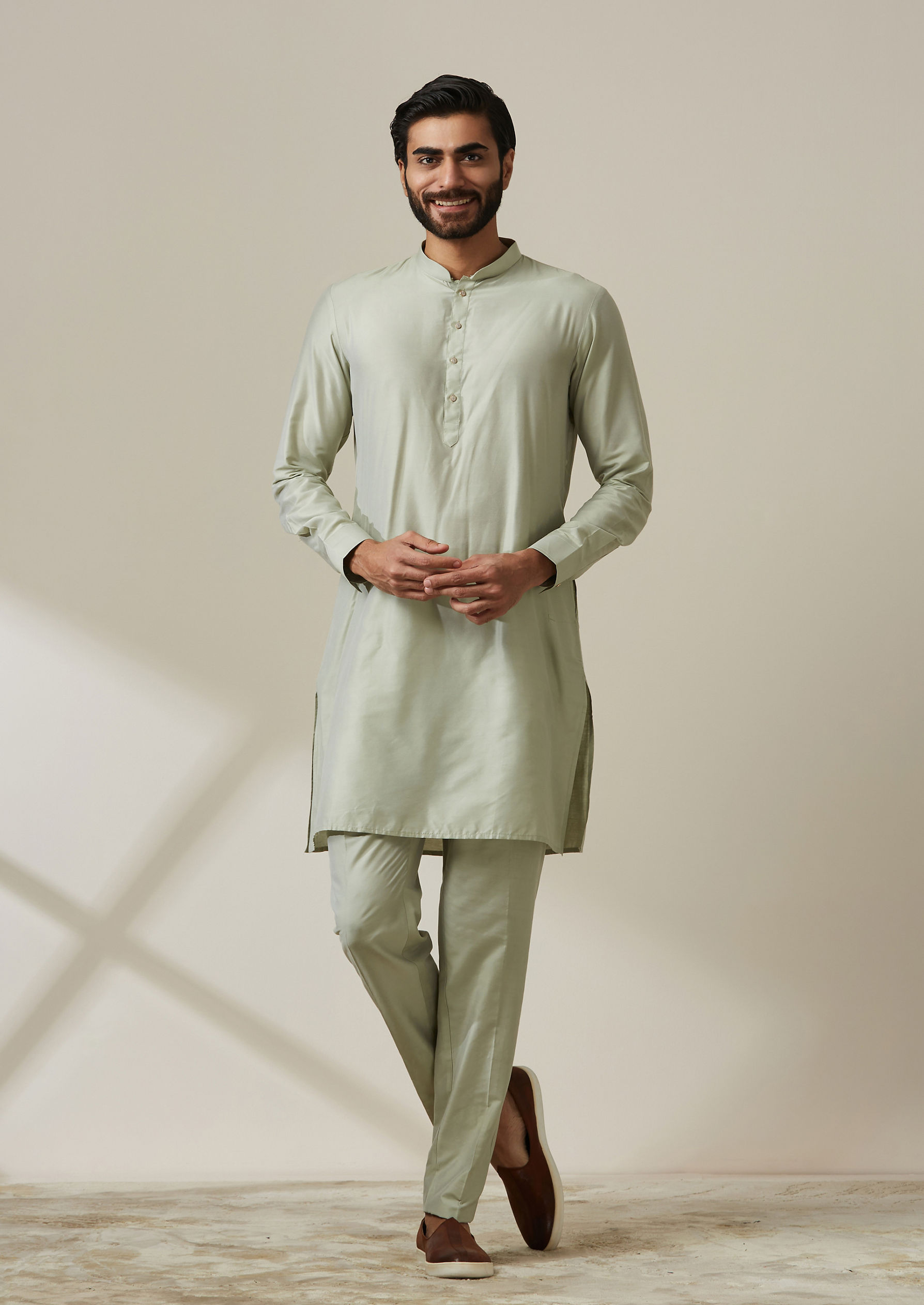 Twamev Men Pista Floral Kurta Jacket Set