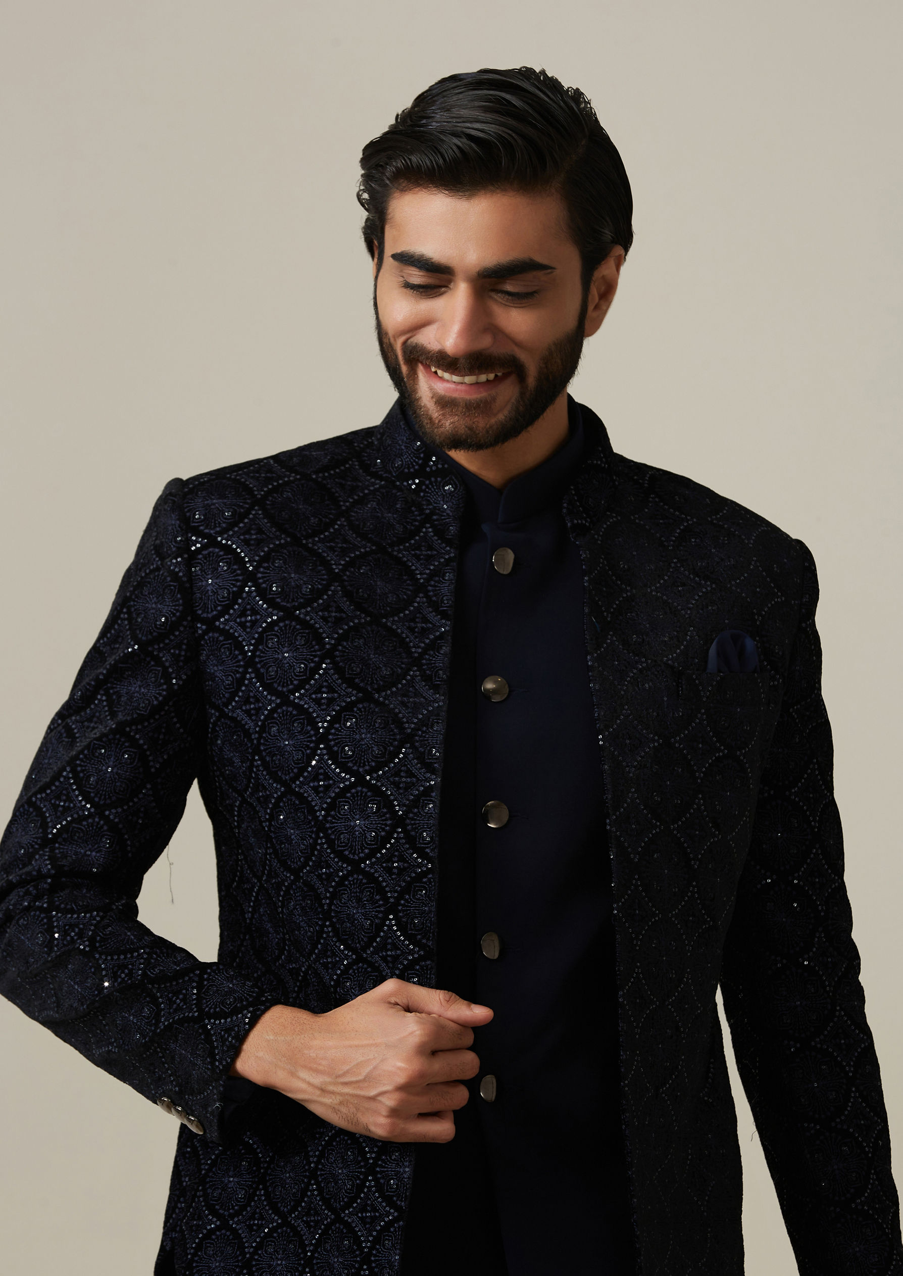Twamev Men Sapphire Blue Indo Western Set