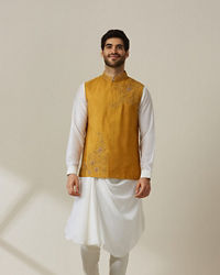 Twamev Men Light Orange Draped Kurta Jacket Set