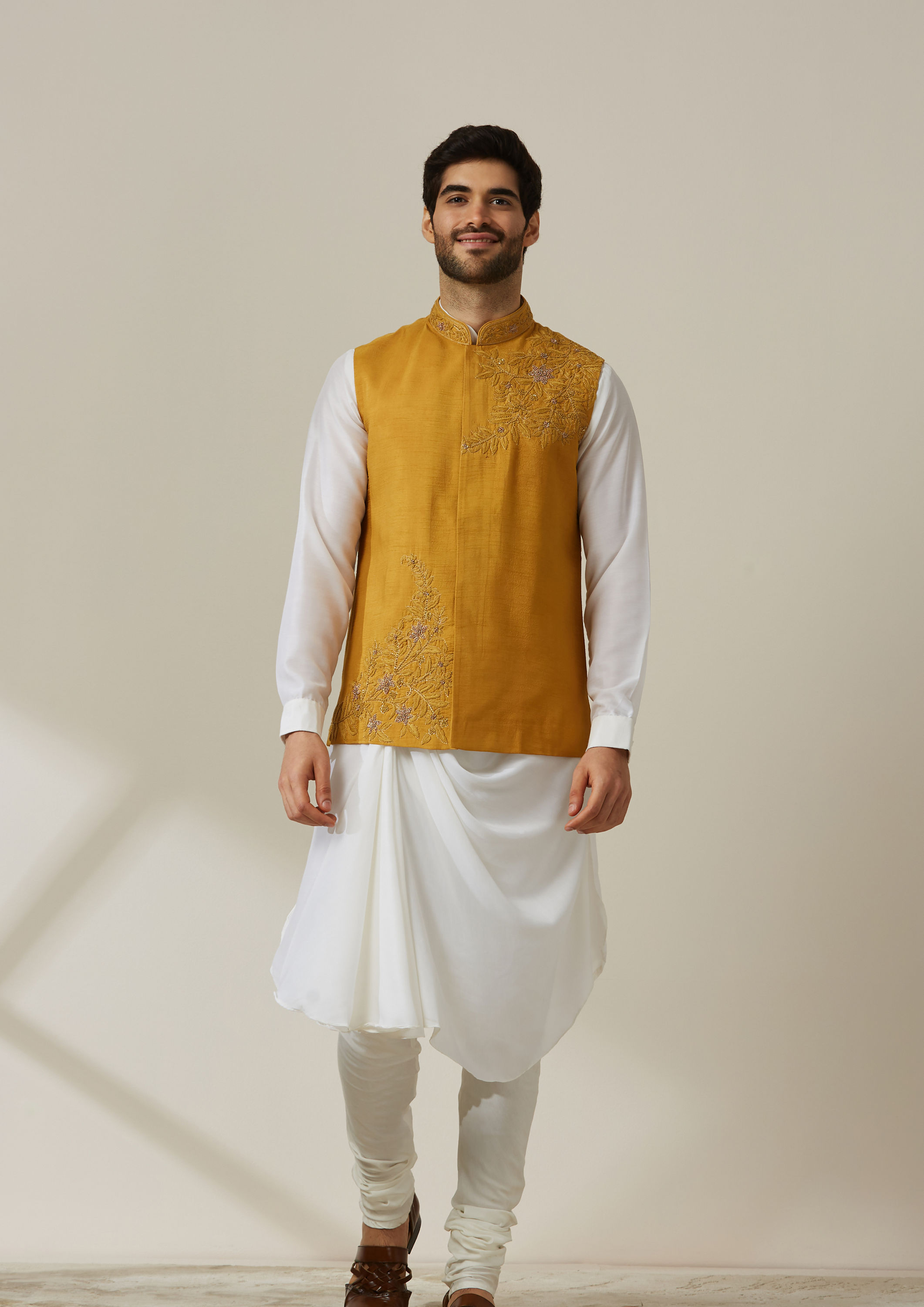 Twamev Men Light Orange Draped Kurta Jacket Set image number 2