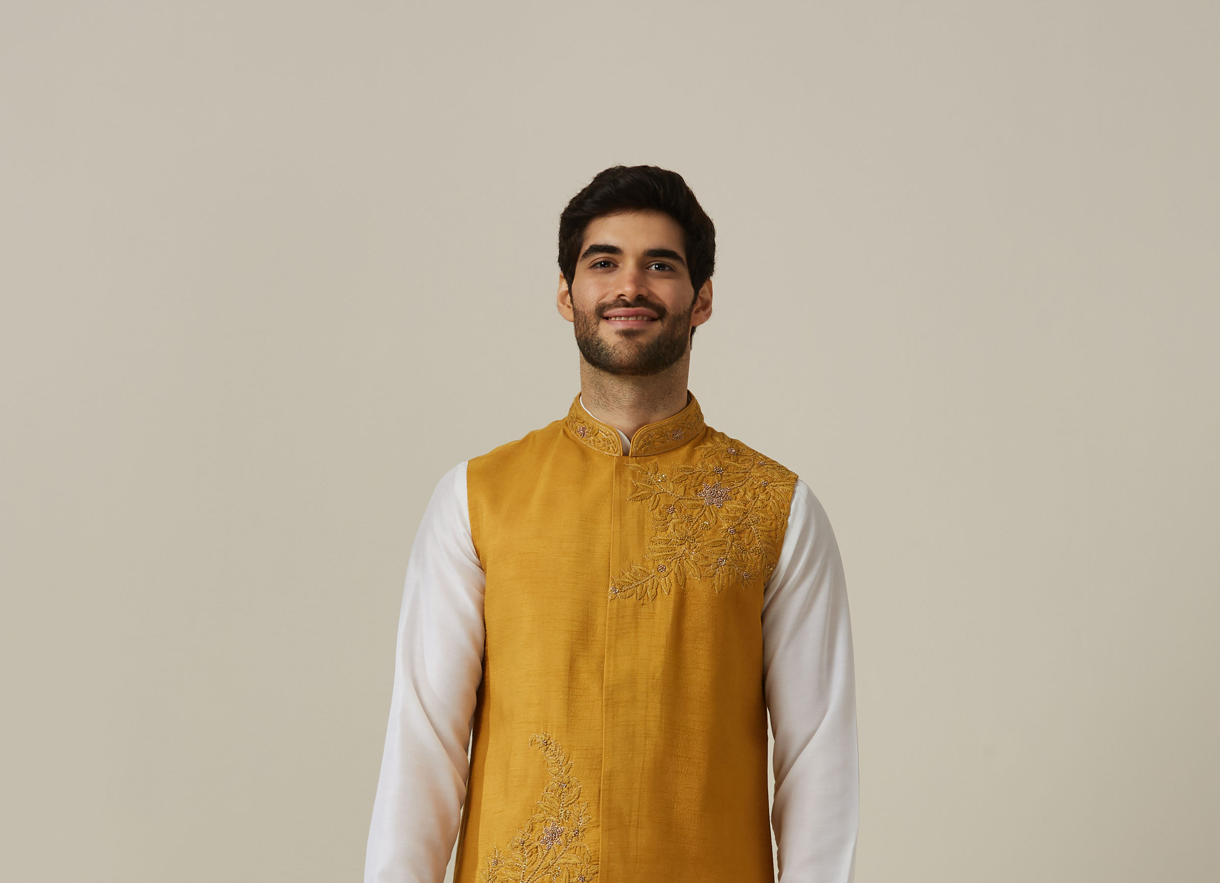 Twamev Men Light Orange Draped Kurta Jacket Set