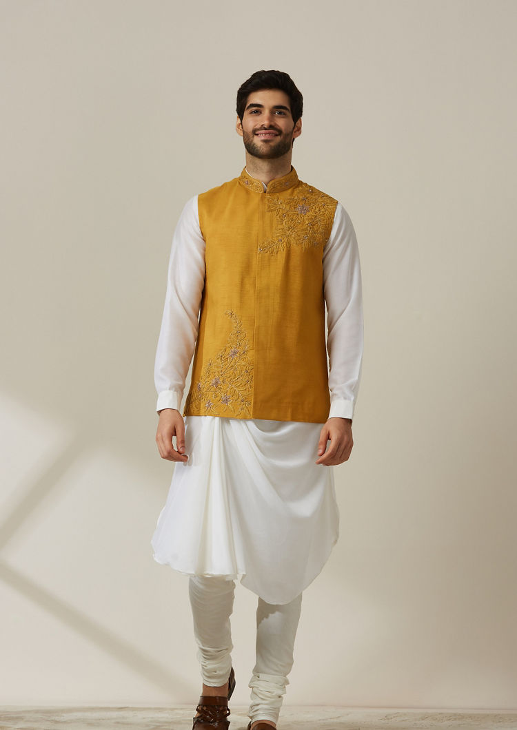 Twamev Men Light Orange Draped Kurta Jacket Set