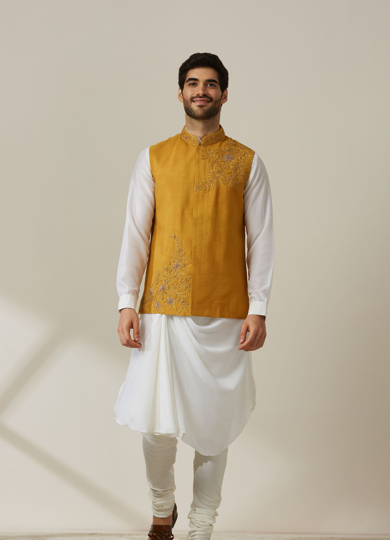 Twamev Men Light Orange Draped Kurta Jacket Set