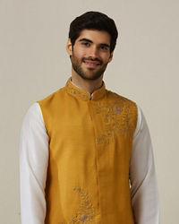 Twamev Men Light Orange Draped Kurta Jacket Set