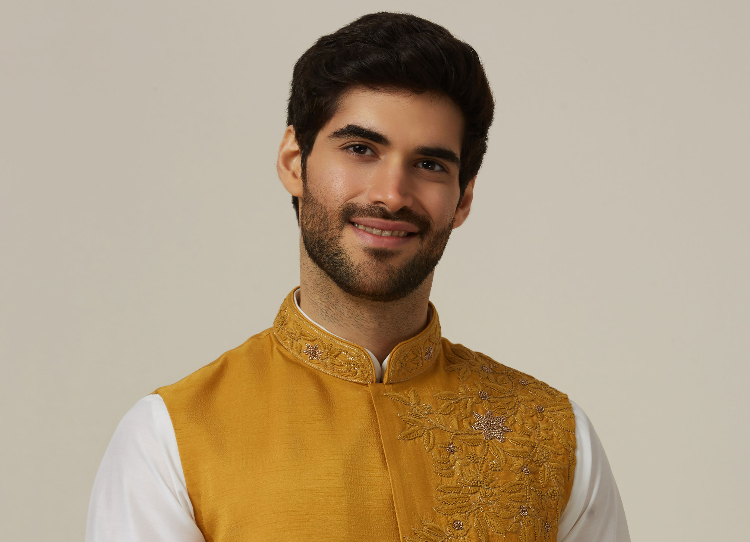 Twamev Men Light Orange Draped Kurta Jacket Set
