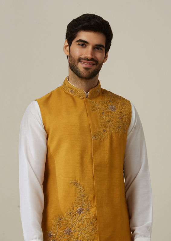 Twamev Men Light Orange Draped Kurta Jacket Set