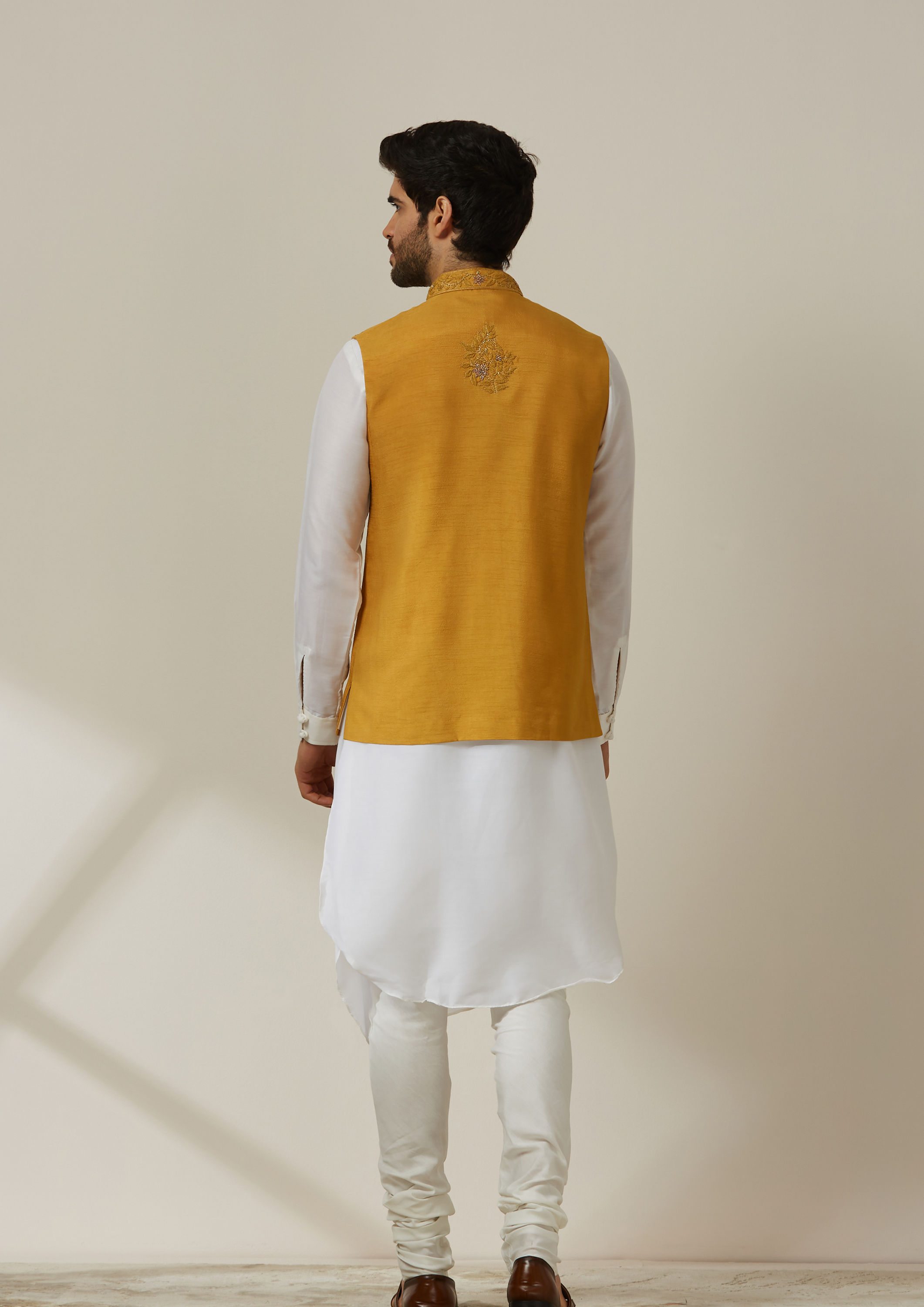 Twamev Men Light Orange Draped Kurta Jacket Set