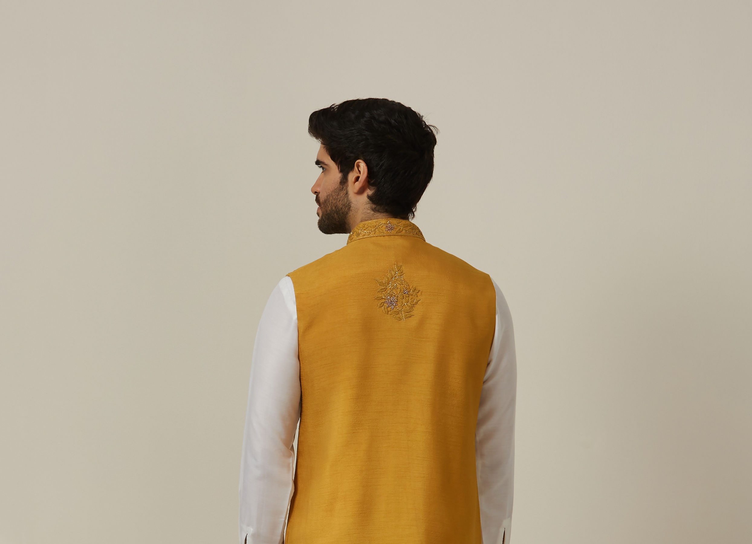 Twamev Men Light Orange Draped Kurta Jacket Set