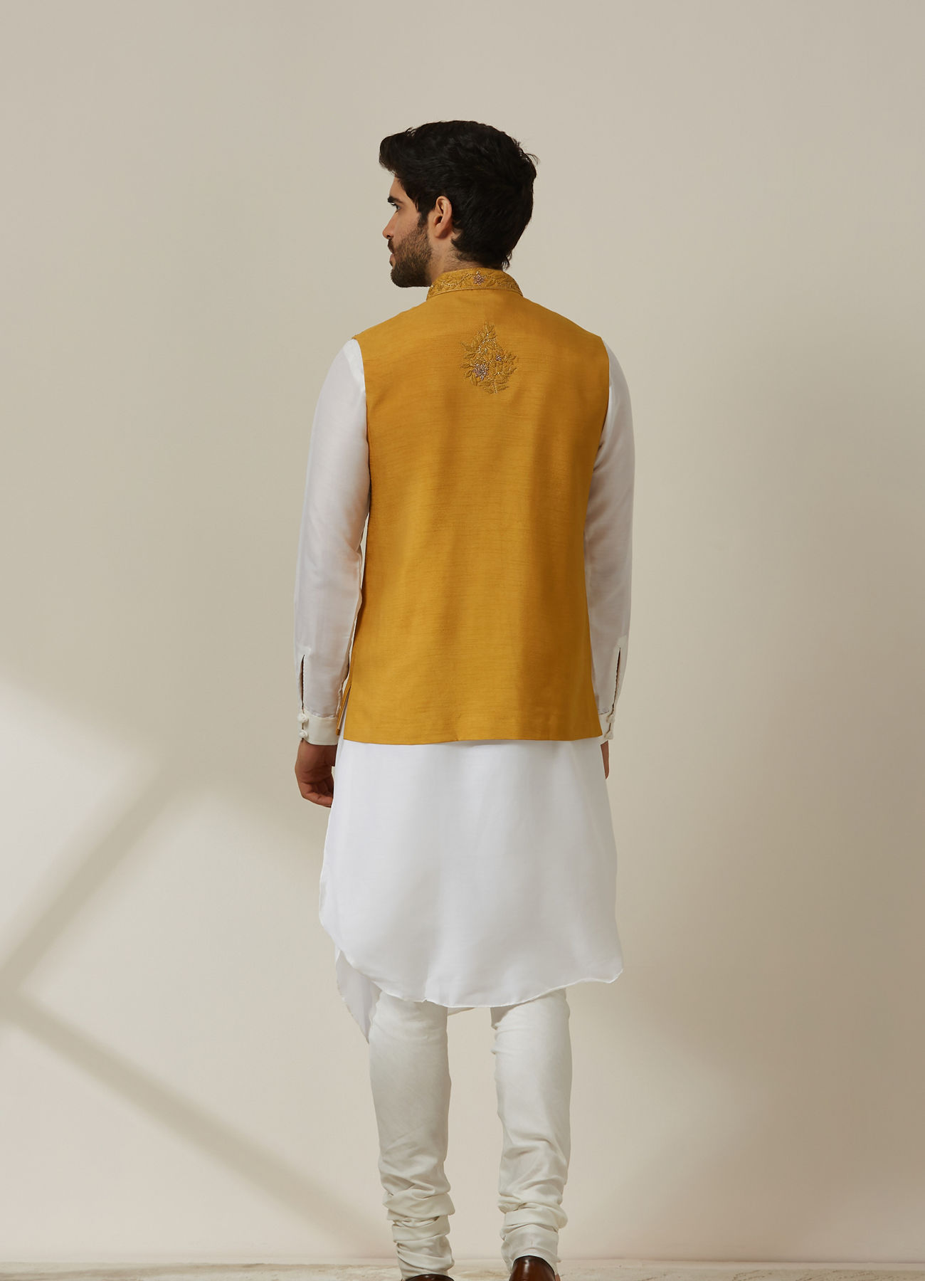 Twamev Men Light Orange Draped Kurta Jacket Set