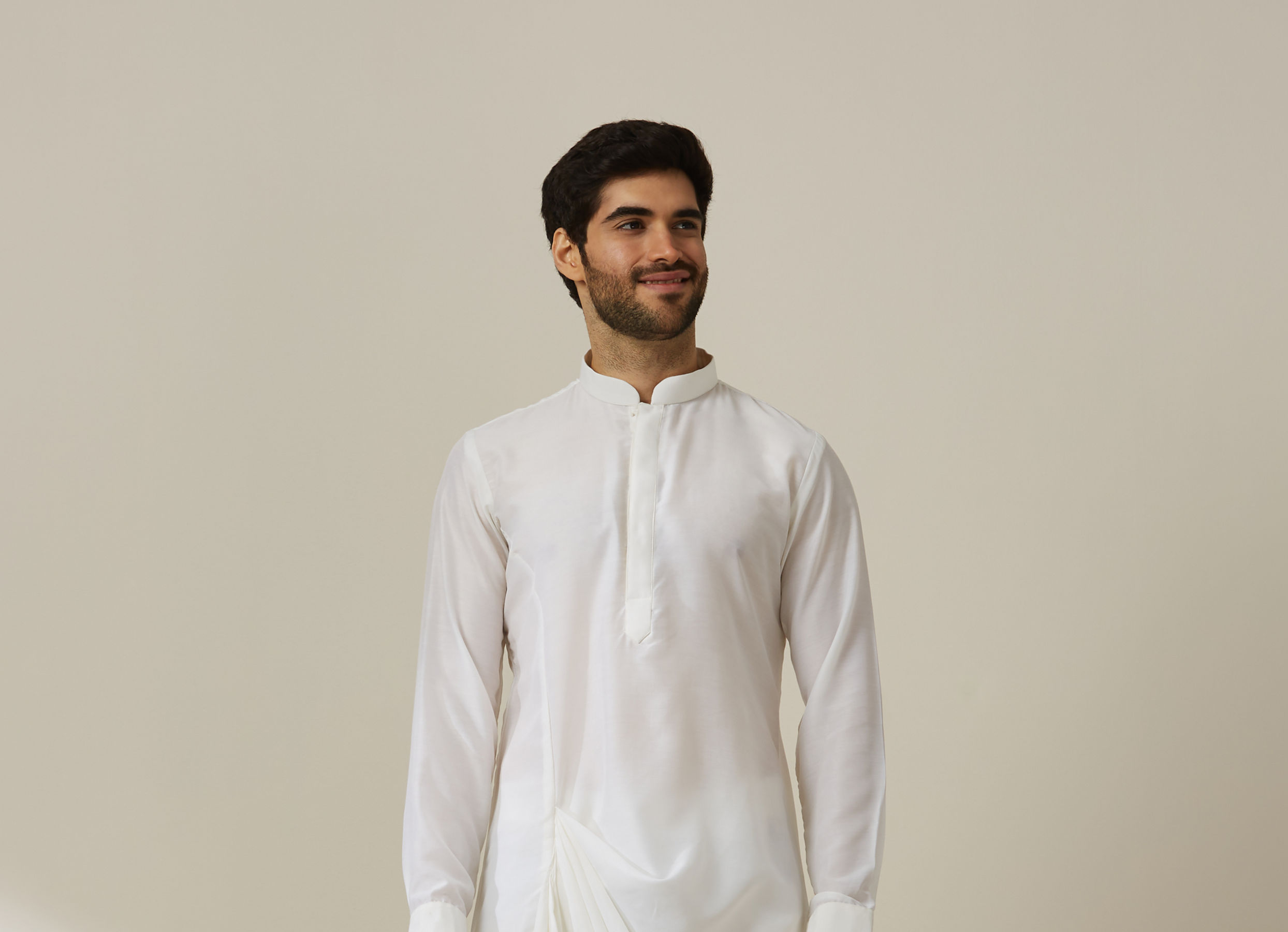 Twamev Men Light Orange Draped Kurta Jacket Set