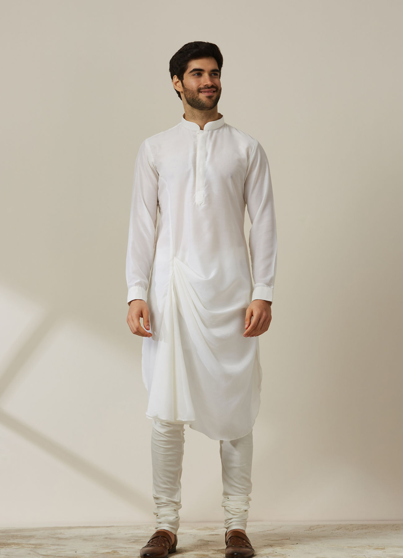 Twamev Men Light Orange Draped Kurta Jacket Set