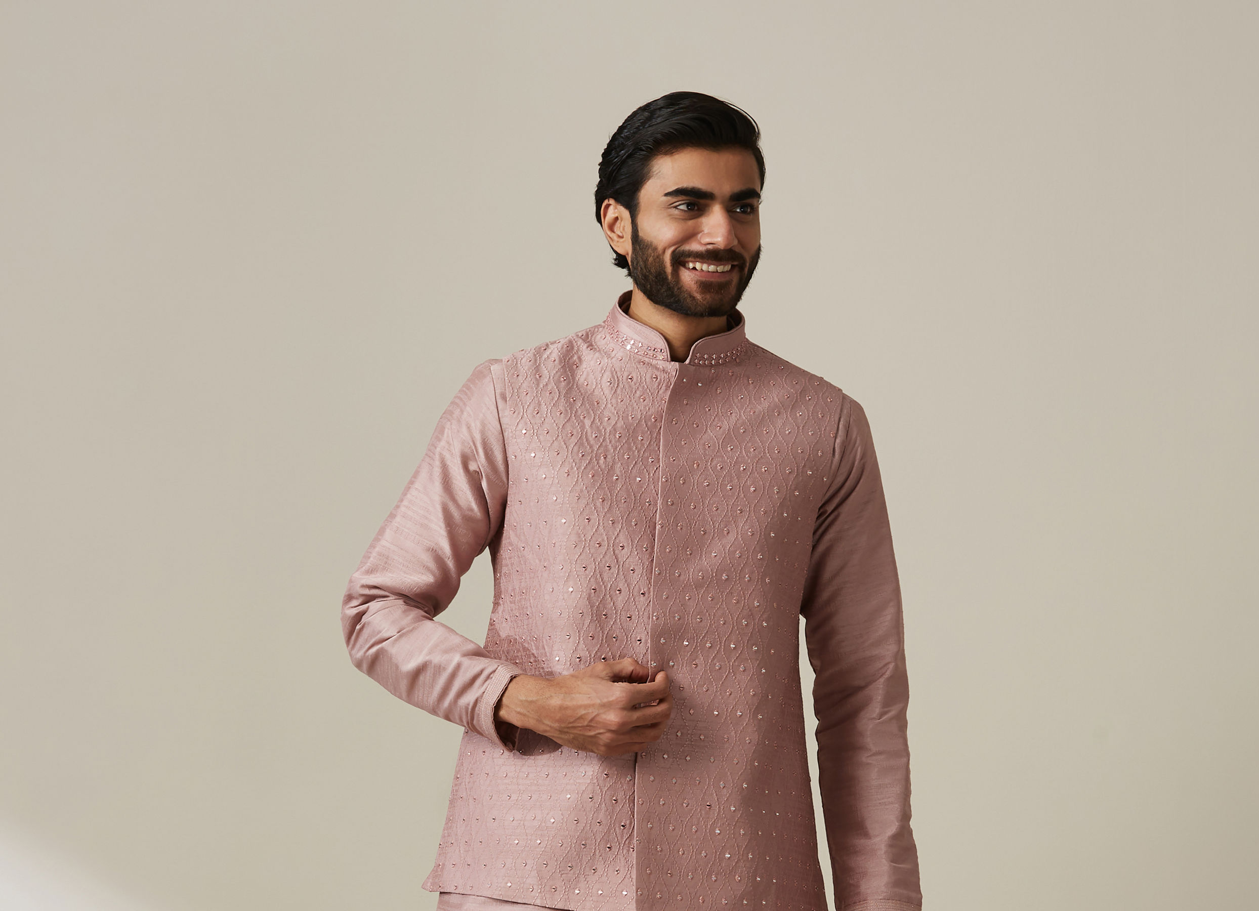 Twamev Men Mauve Pink Kurta Jacket Set