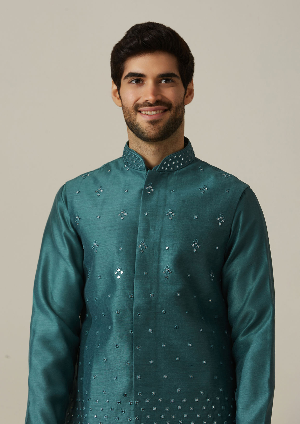 alt message - Twamev Men Dark Green Kurta Jacket Set image number 0