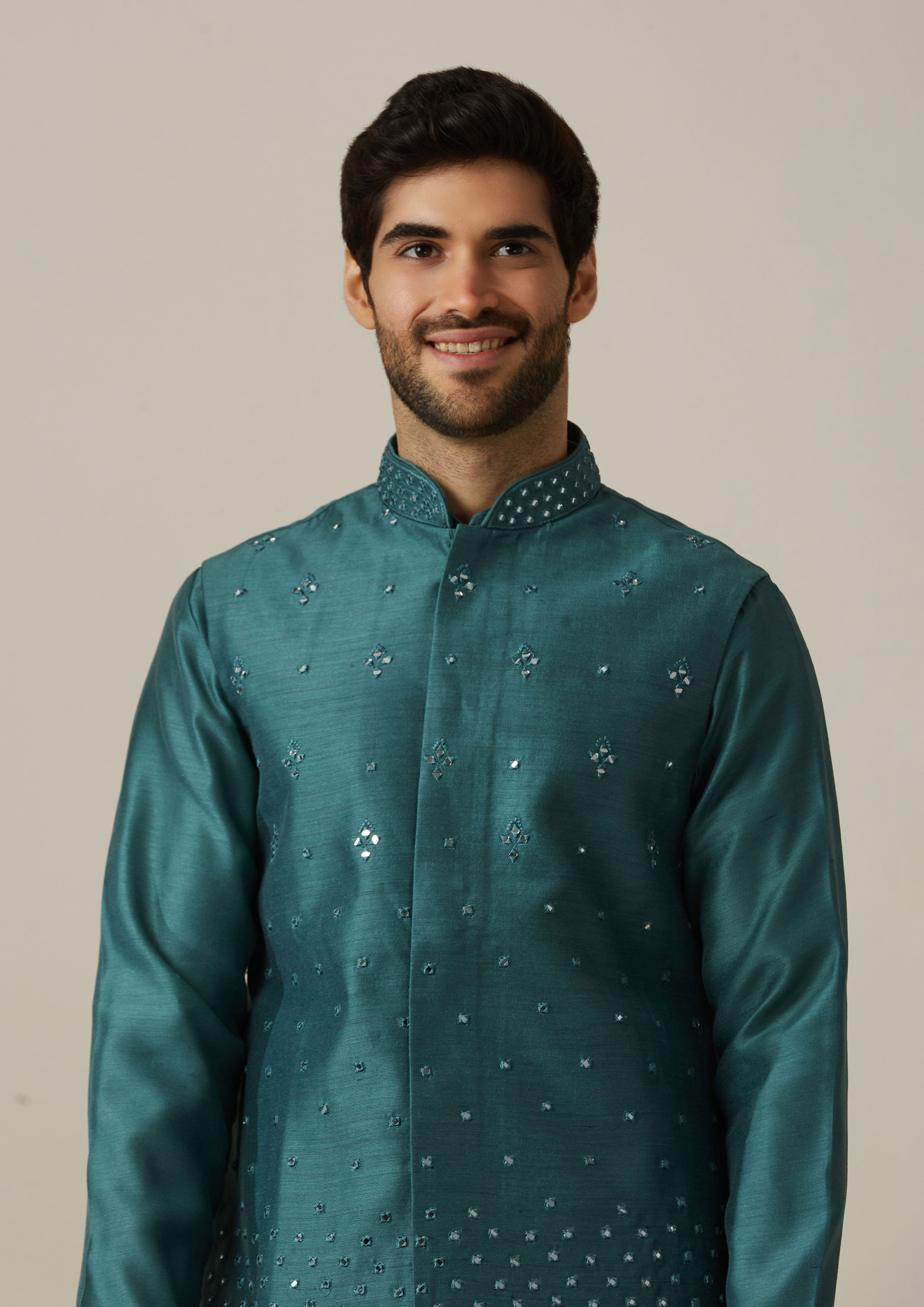 Twamev Men Dark Green Kurta Jacket Set