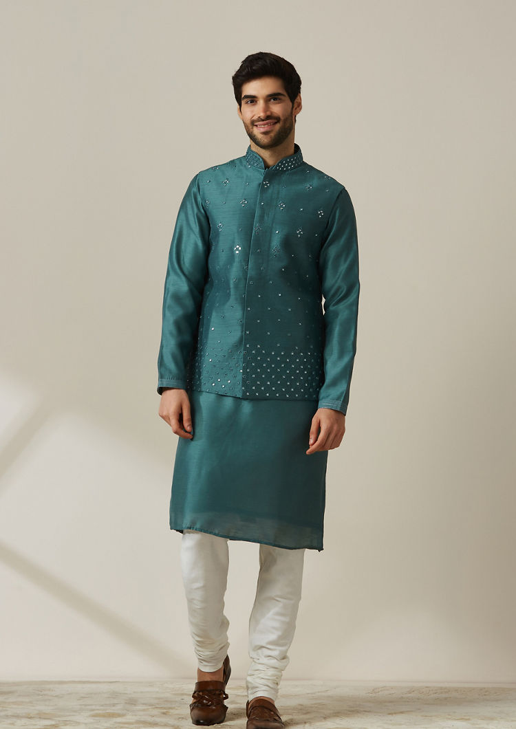 Twamev Men Dark Green Kurta Jacket Set
